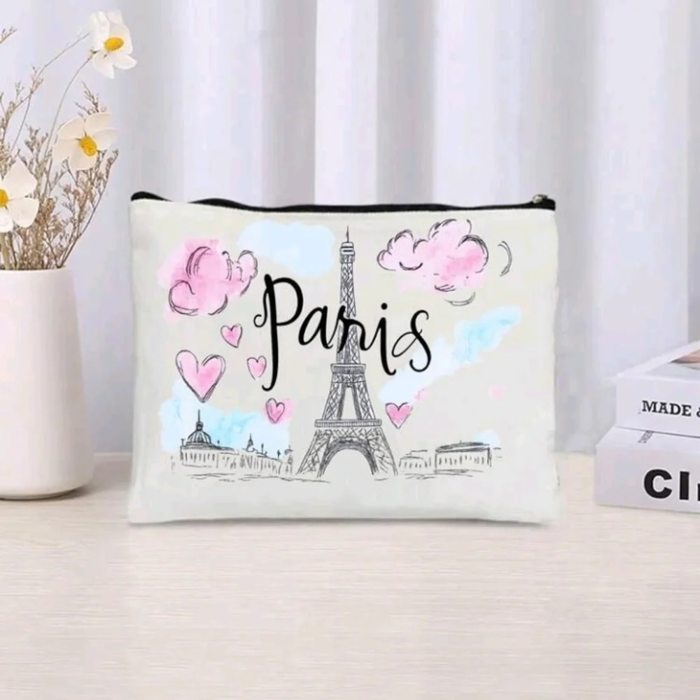 Paris Eiffel Tower Themed White Pink Zip Pouch Purse